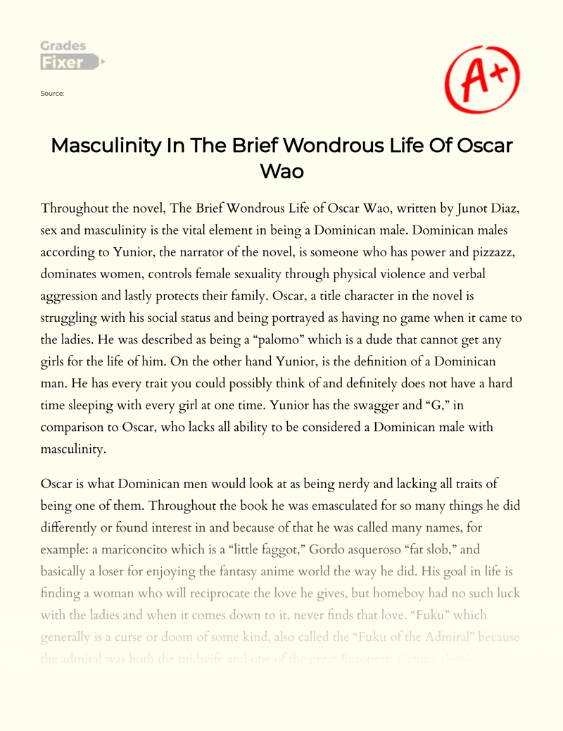 Masculinity in "The Brief Wondrous Life of Oscar Wao" by Junot Diaz Essay