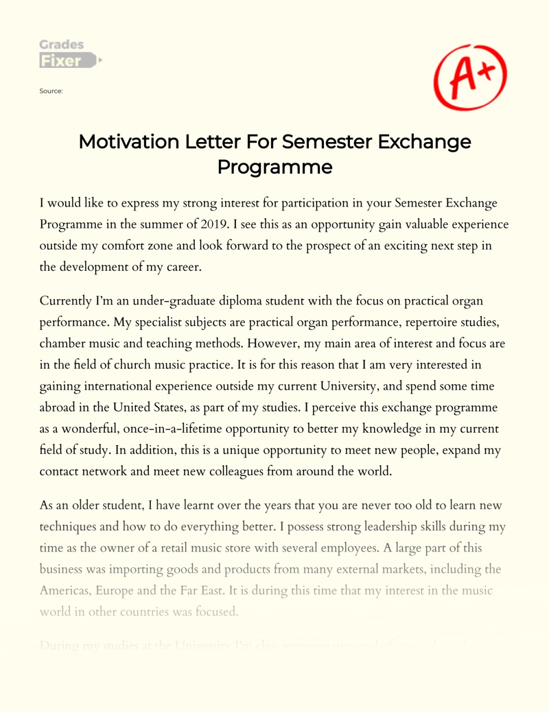 Motivation Letter for Semester Exchange Programme Essay
