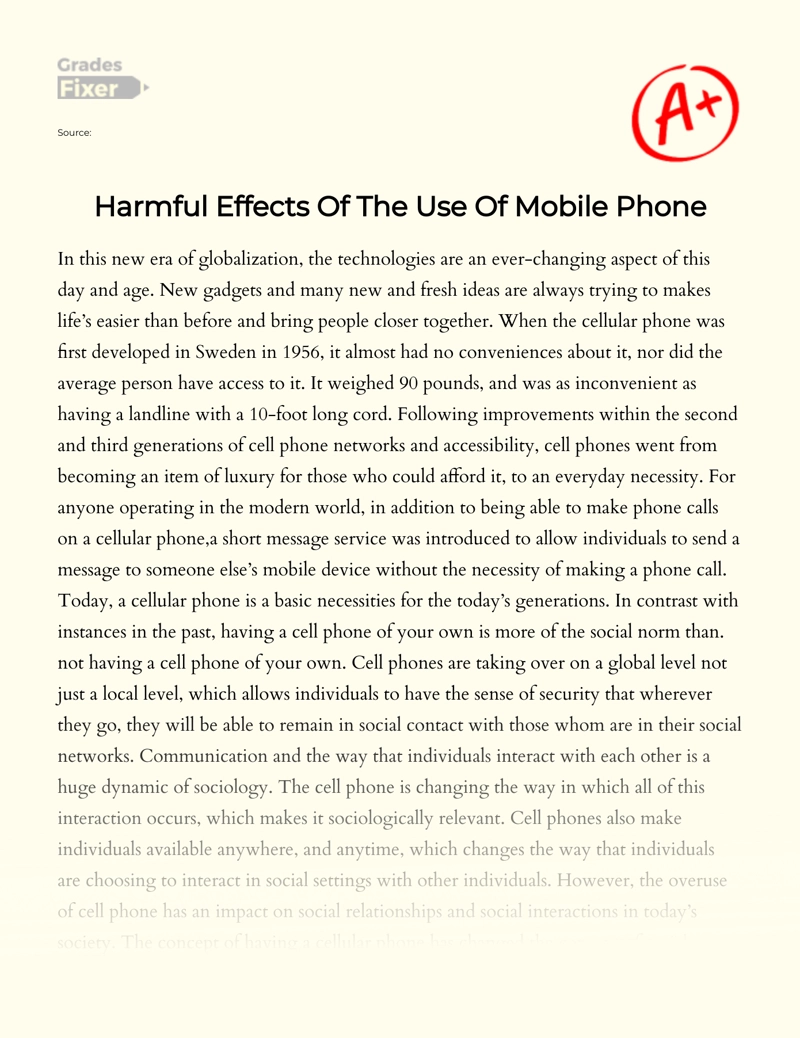Harmful Effects of The Use of Mobile Phone Essay