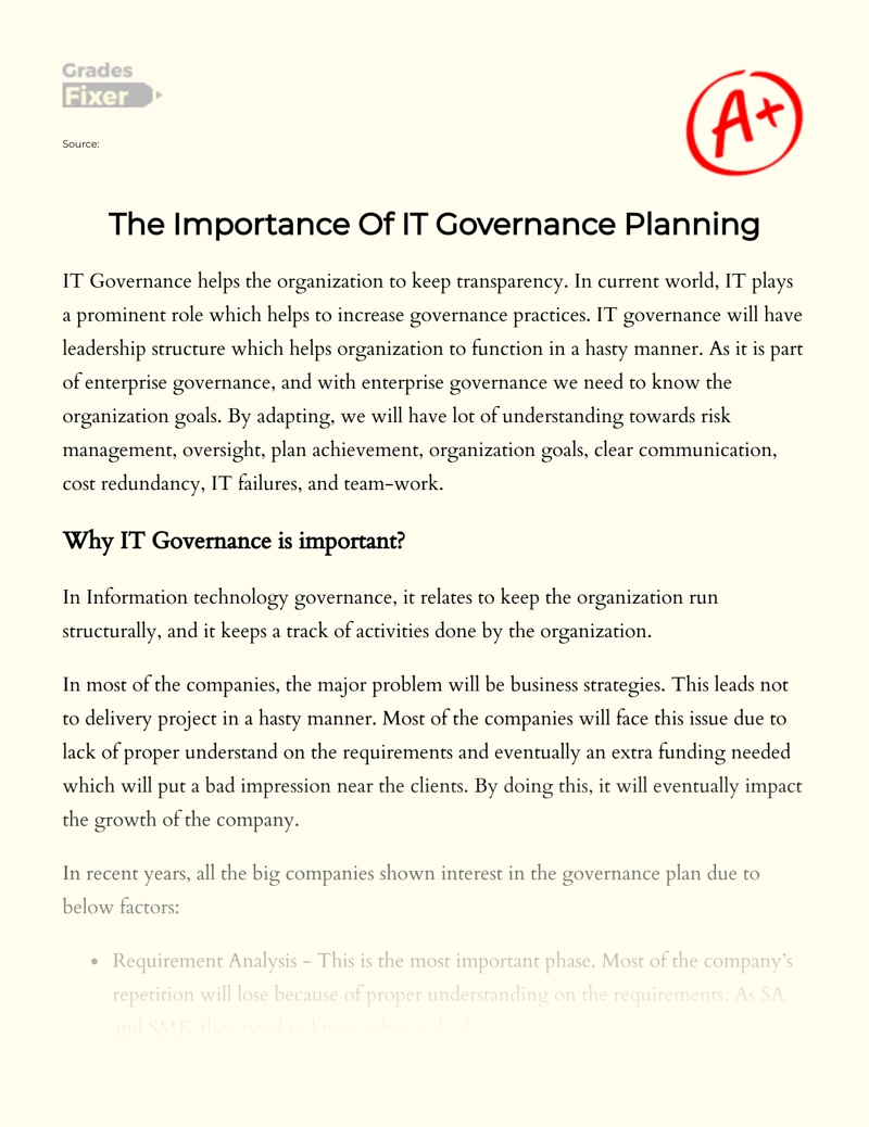 The Importance of It Governance Planning Essay