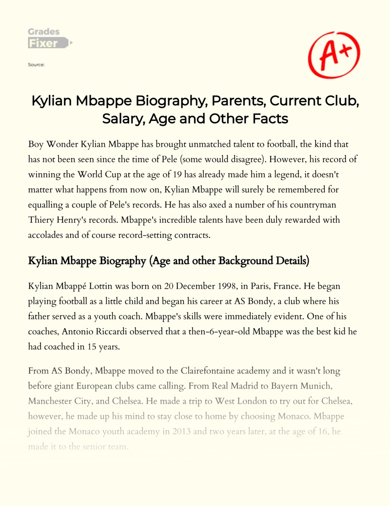 Kylian Mbappe Biography, Parents, Current Club, Salary, Age and Other Facts Essay
