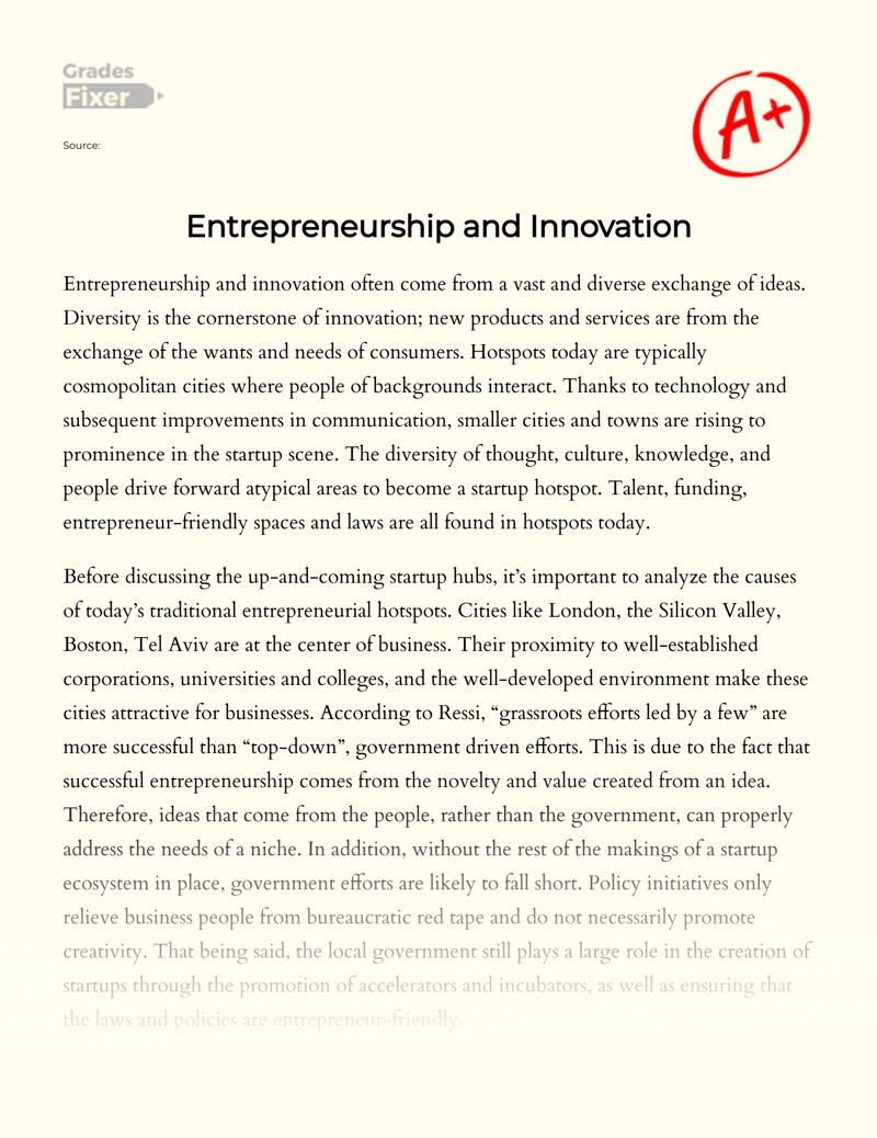 Entrepreneurship and Innovation: Startup Hubs Essay
