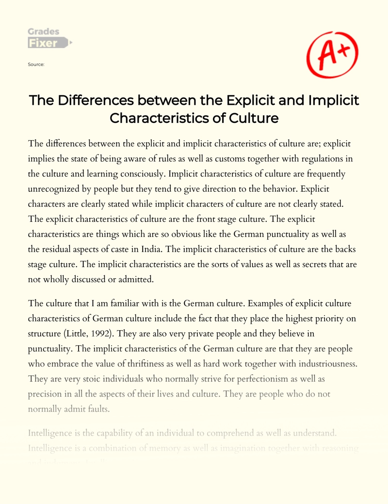 The Differences Between Characteristics The Explicit and Implicit Culture Essay