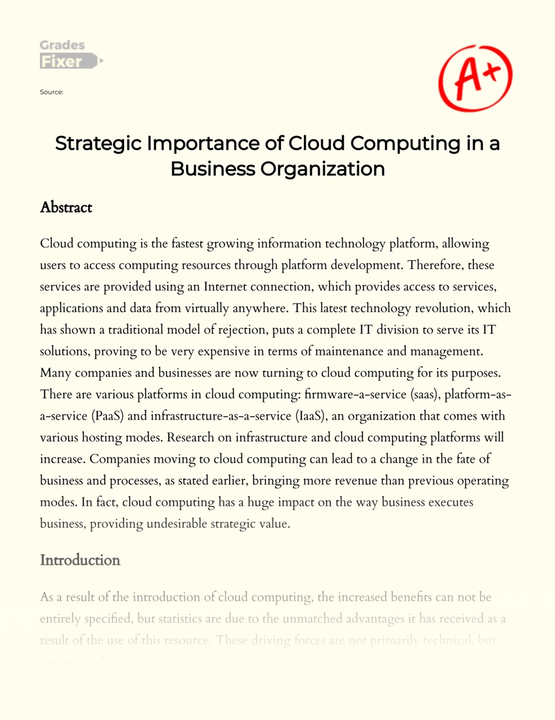 Strategic Importance of Cloud Computing in a Business Organization Essay