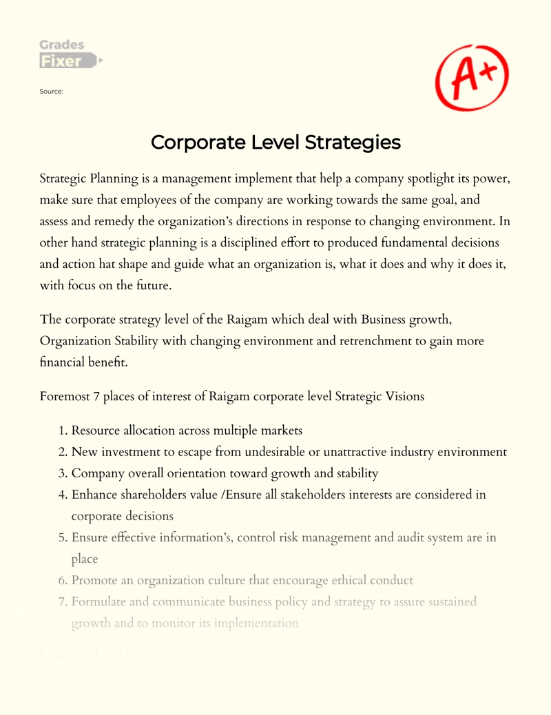 Corporate Level Strategies Essay