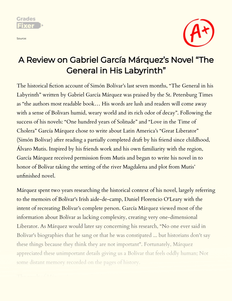 A Review on Gabriel García Márquez’s Novel "The General in His Labyrinth" essay