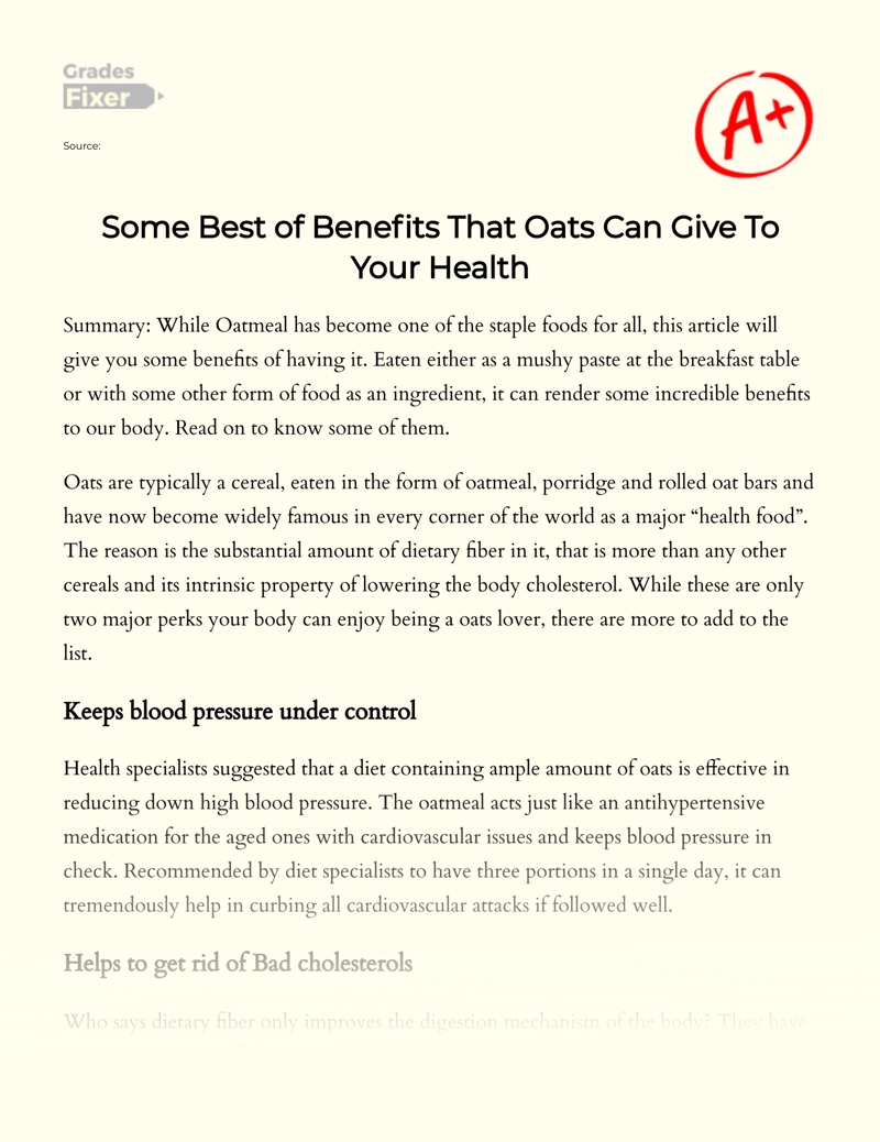 Some Best of Benefits that Oats Can Give to Your Health Essay