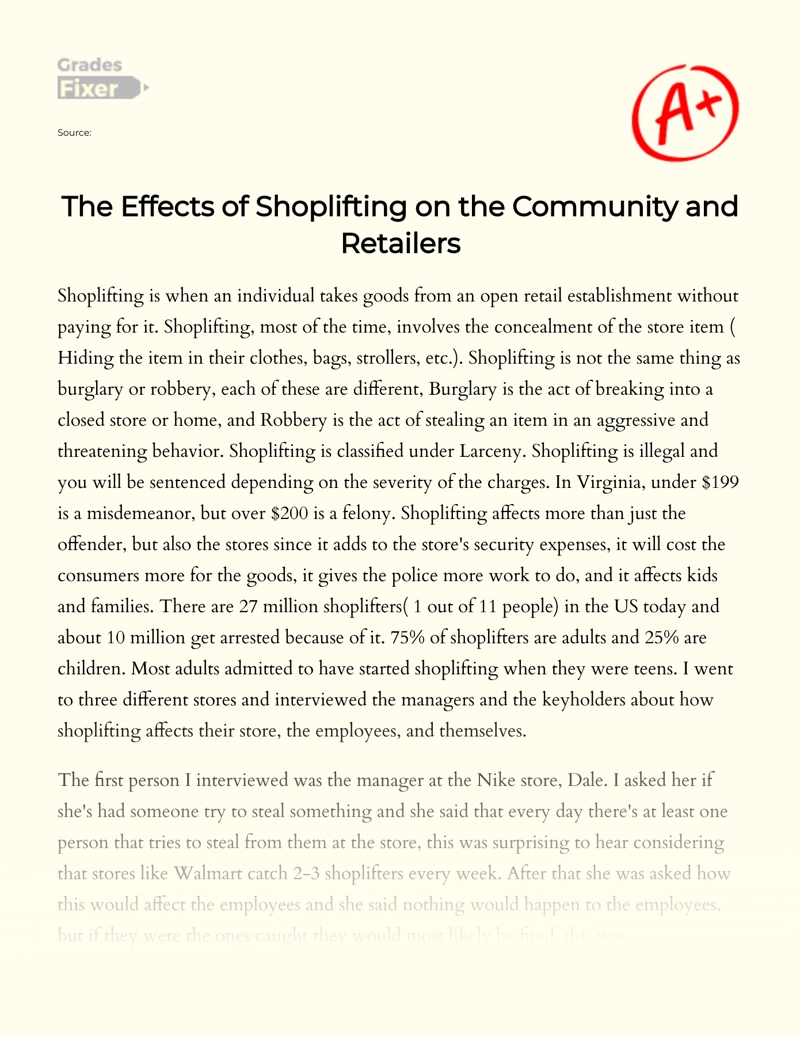 The Effects of Shoplifting on The Community and Retailers Essay