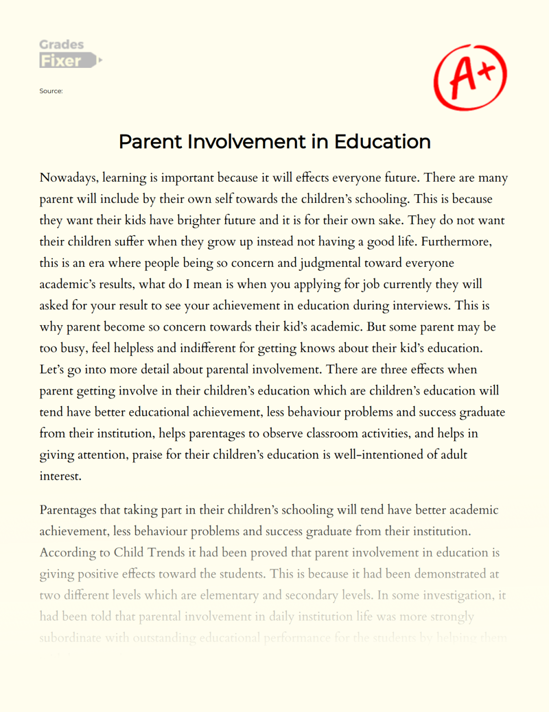 Parent Involvement in Education Essay
