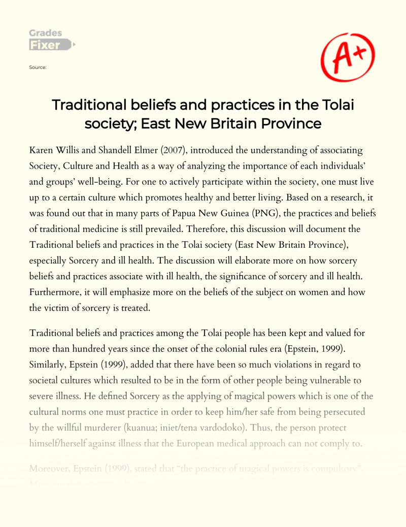 Traditional Beliefs and Practices in The Tolai Society; East New Britain Province Essay
