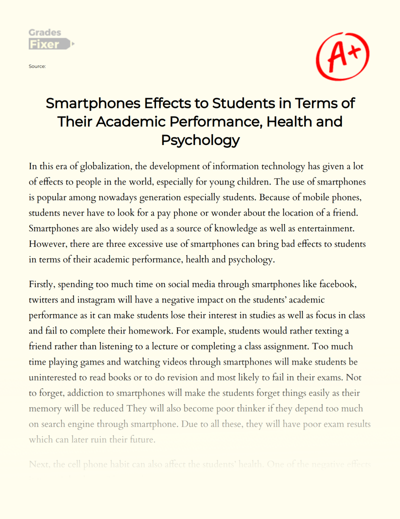 Smartphones Effects to Students in Terms of Their Academic Performance, Health and Psychology Essay