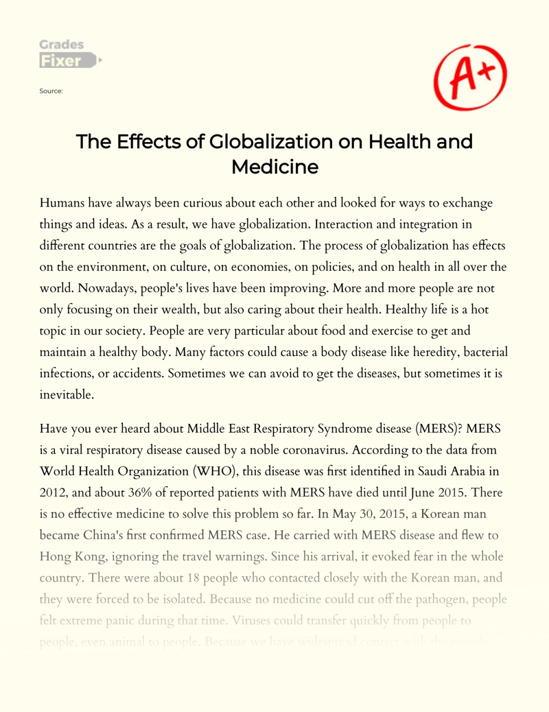 The Effects of Globalization on Health and Medicine essay