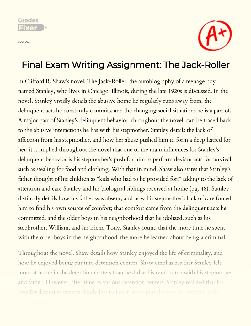 Final Exam Writing Assignment: The Jack-roller Essay