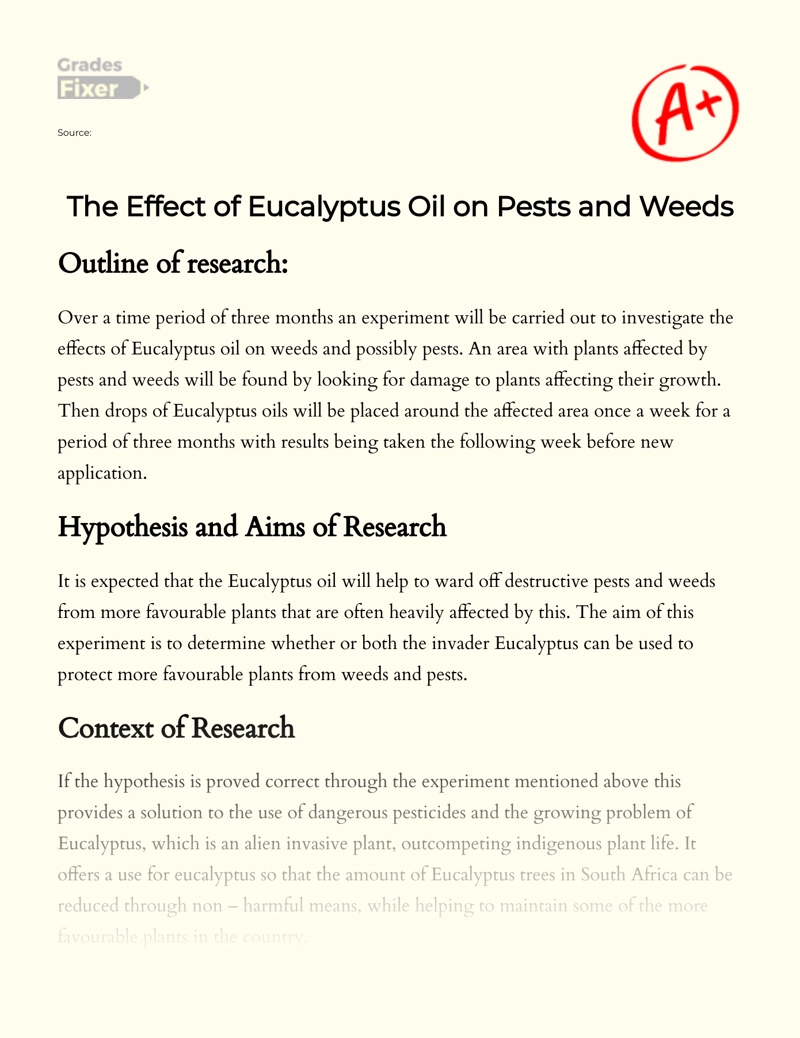 The Effect of Eucalyptus Oil on Pests and Weeds Essay