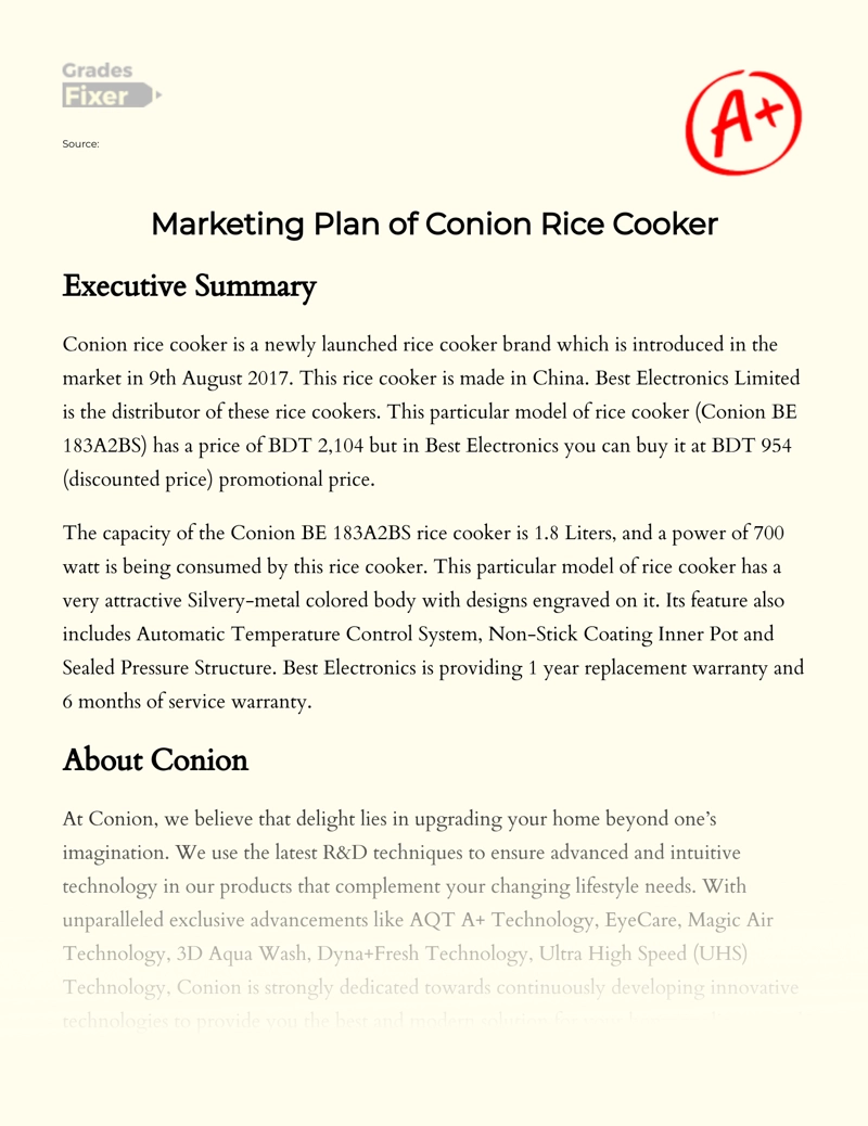Marketing Plan of Conion Rice Cooker Essay