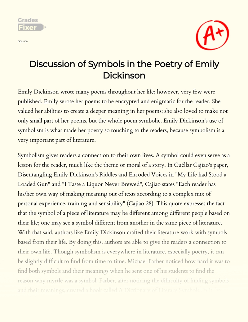 Discussion of Symbols in The Poetry of Emily Dickinson Essay