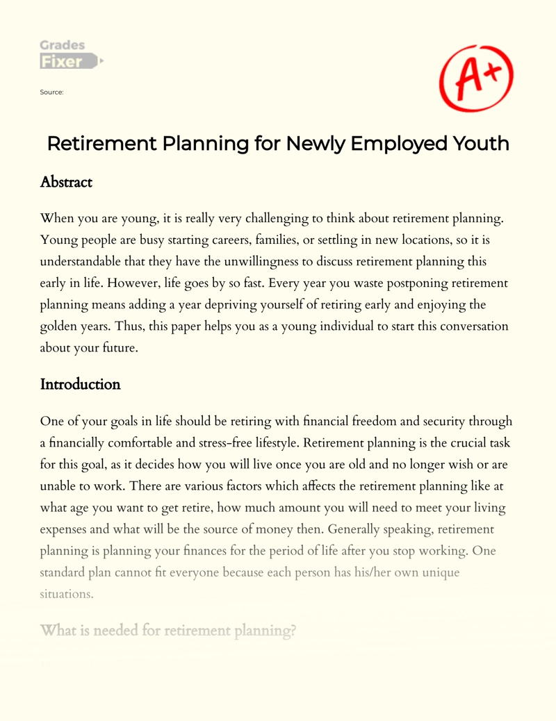 Retirement Planning for Newly Employed Youth essay