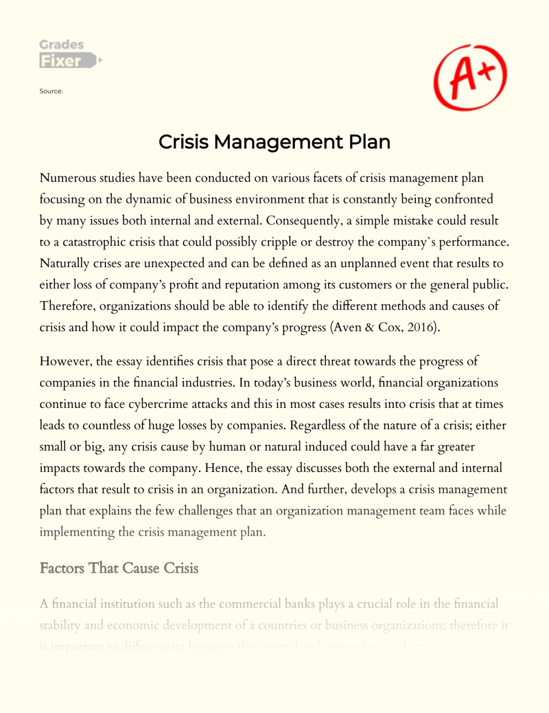 Crisis Management Plan Essay