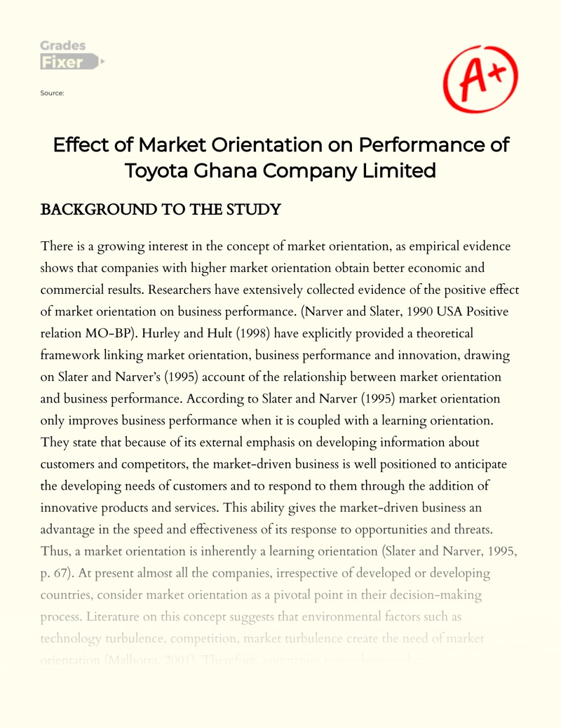 Effect of Market Orientation on Performance of Toyota Ghana Company Limited Essay