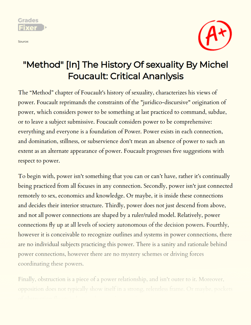 "Method" [in] The History of Sexuality by Michel Foucault: Critical Ananlysis Essay