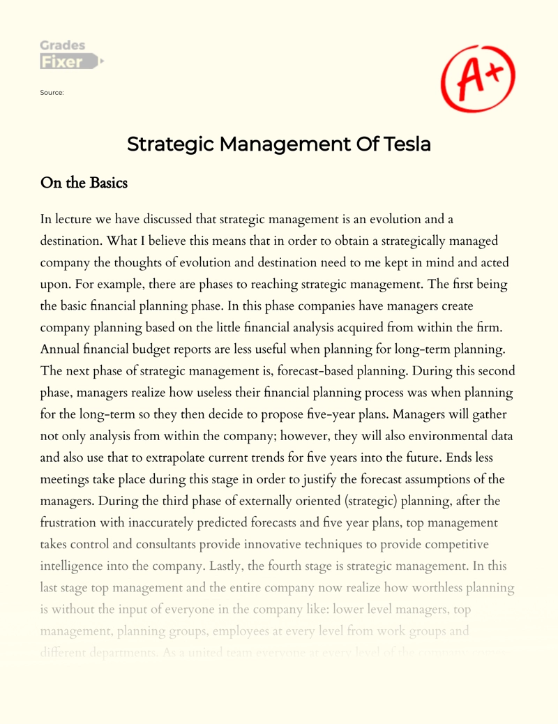 Strategic Management of Tesla Essay