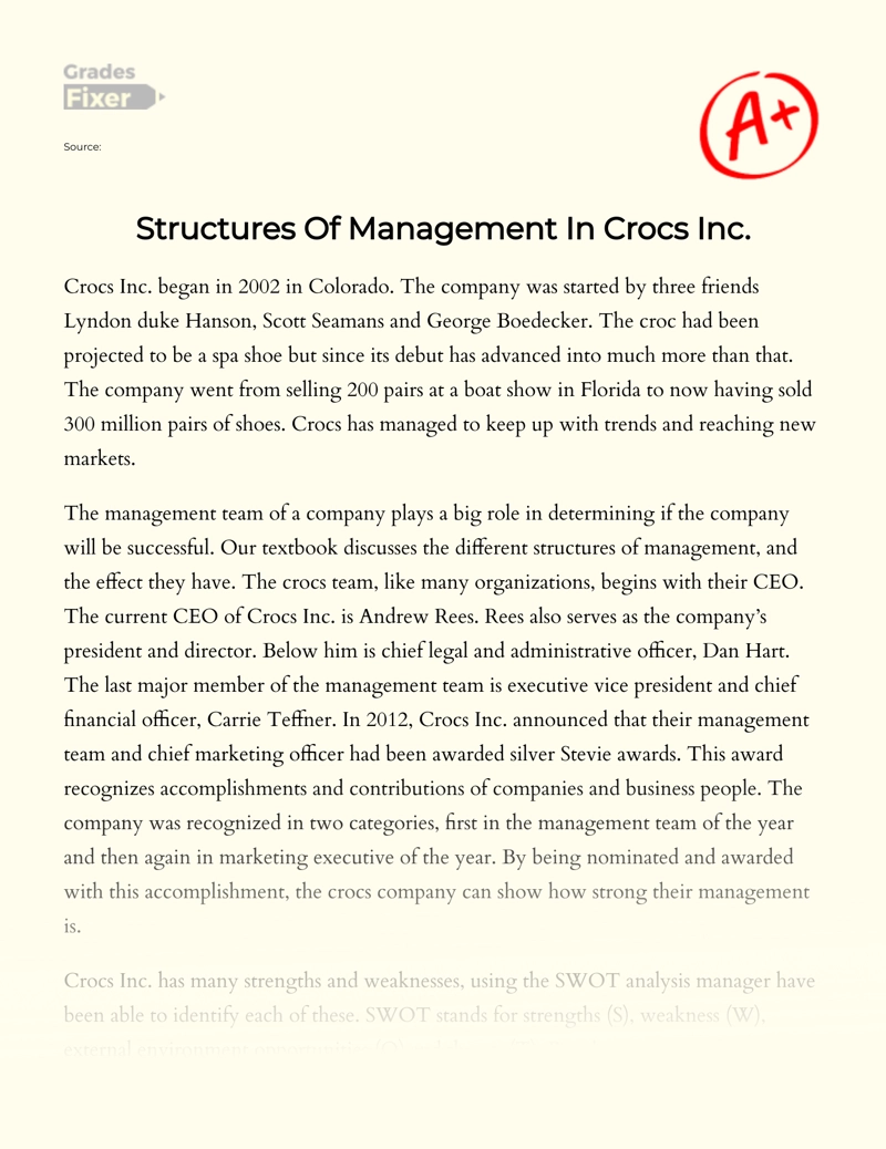 Structures of Management in Crocs Inc.  Essay