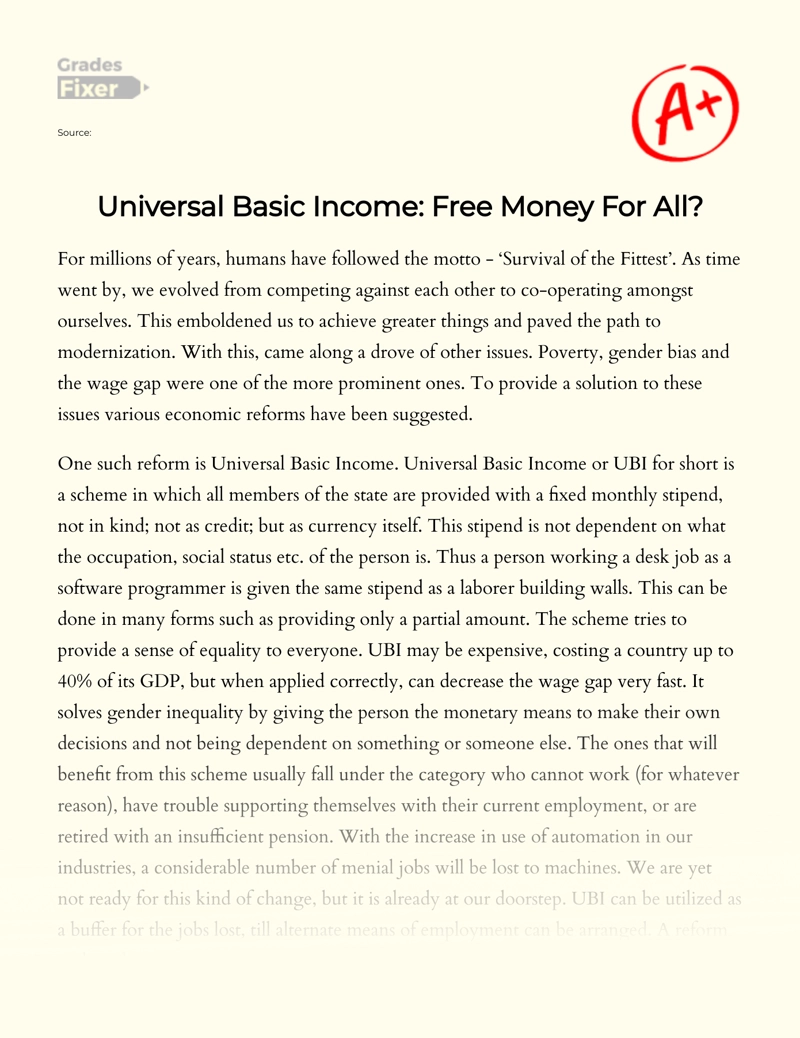 Universal Basic Income as Free Money for All: [Essay Example], 500