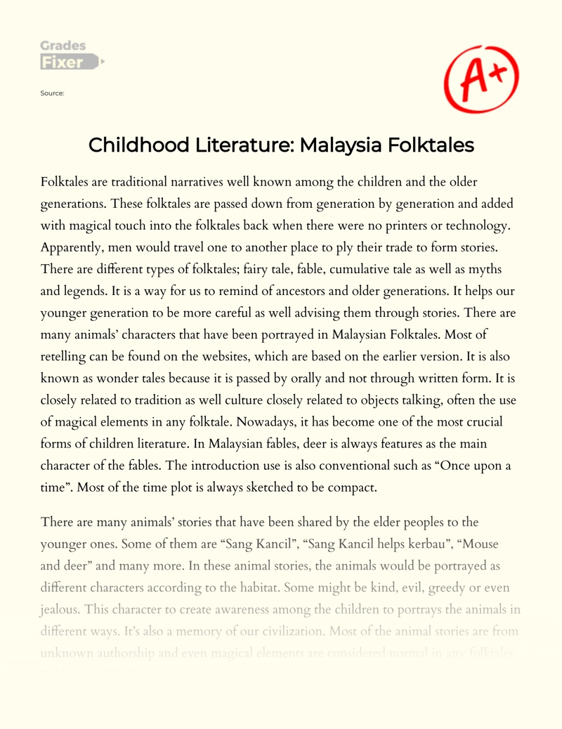 Childhood Literature: Malaysia Folktales Essay