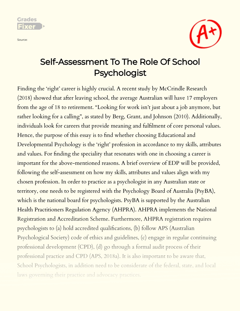 Self-assessment to The Role of School Psychologist essay