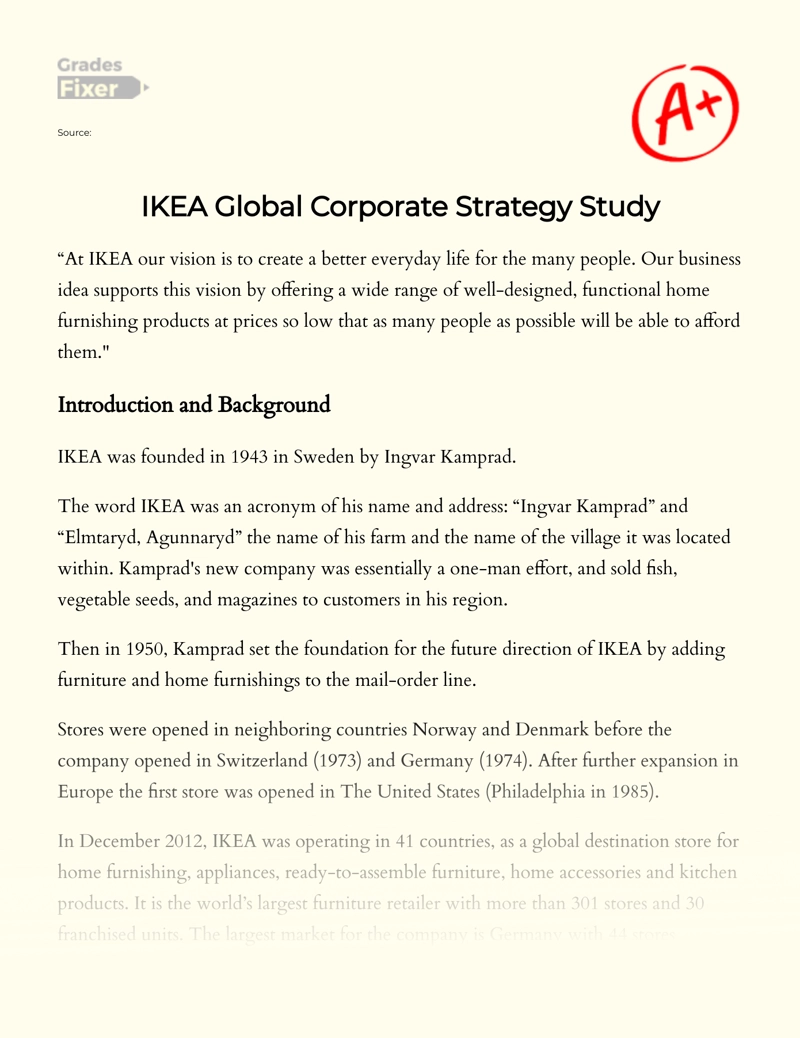IKEA Global Corporate Strategy Study essay