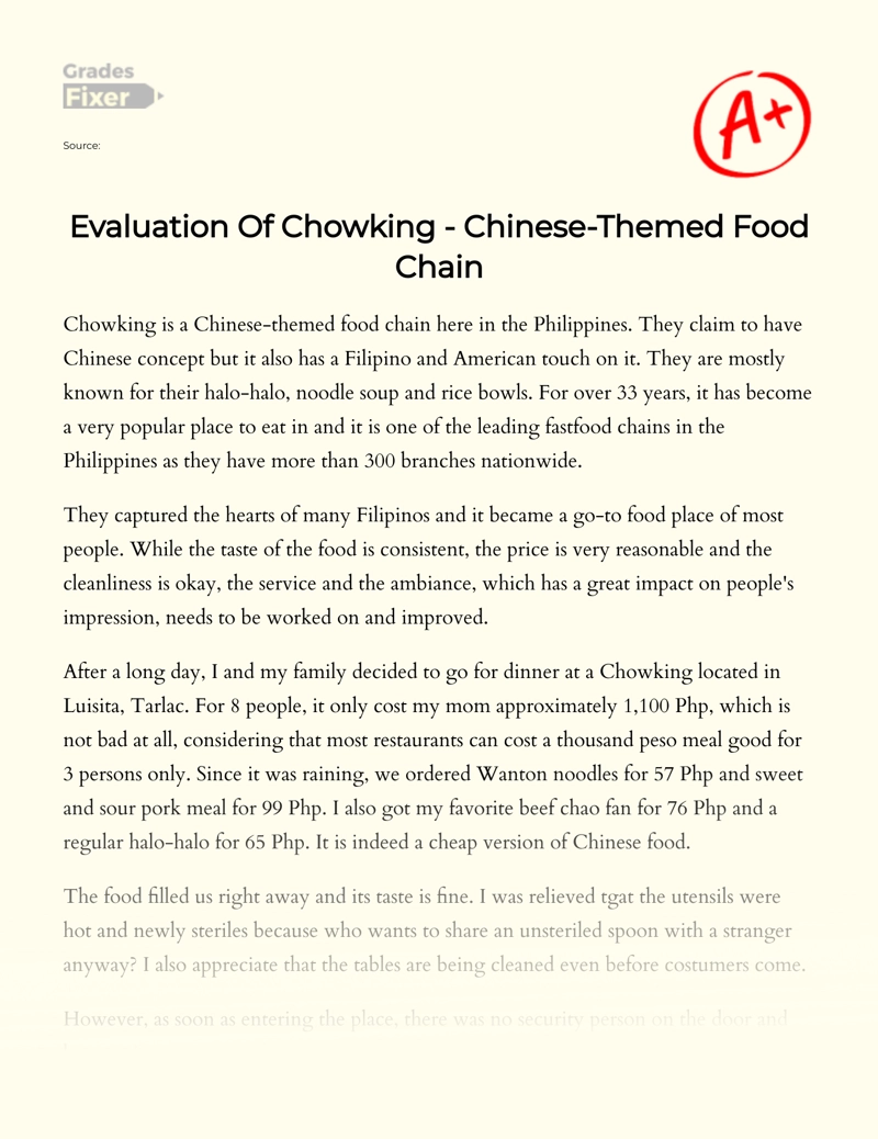 Evaluation of Chowking - Chinese-themed Food Chain Essay