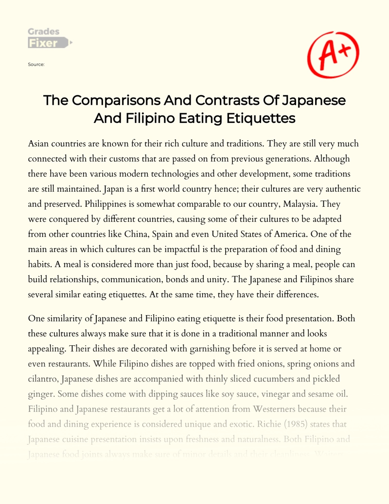 The Comparisons And Contrasts Of Japanese And Filipino Eating Etiquettes Essay Example 938 Words Gradesfixer