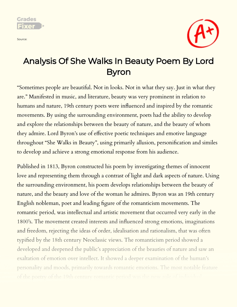 Analysis of She Walks in Beauty Poem by Lord Byron

 Essay