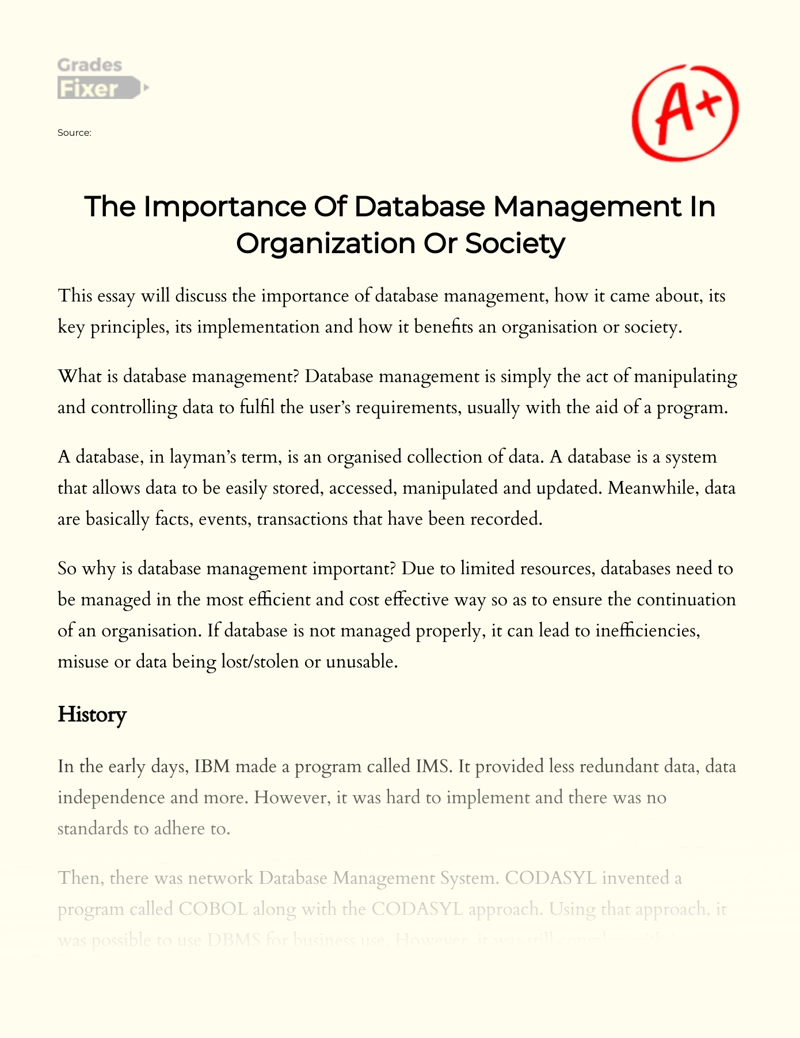 The Importance of Database Management in Organization Or Society essay