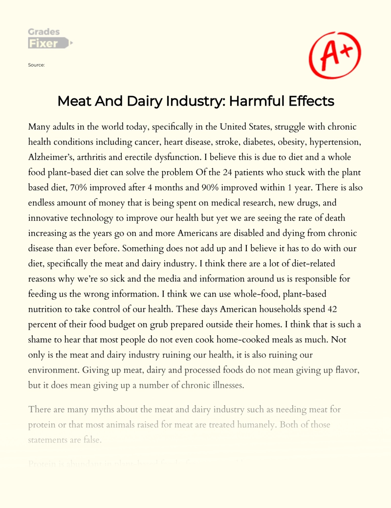Meat and Dairy Industry: Harmful Effects Essay