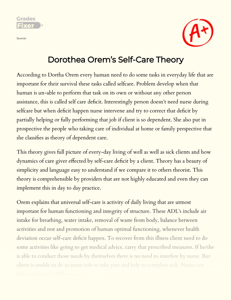 Dorothea Orem’s Self-care Theory  Essay