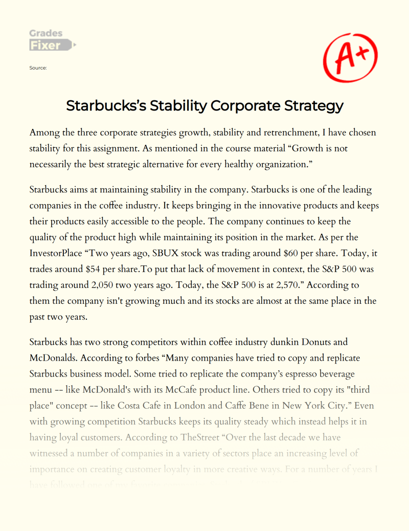 Starbucks’s Stability Corporate Strategy  Essay