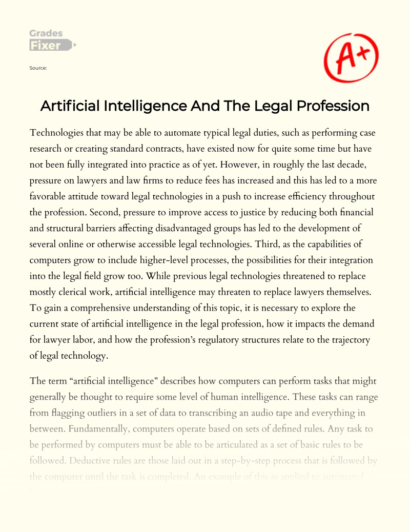 Artificial Intelligence and The Legal Profession Essay