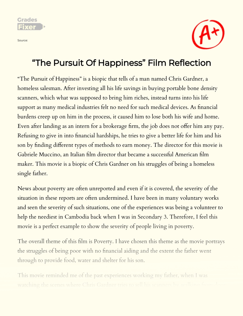 "The Pursuit of Happiness" Film Reflection essay