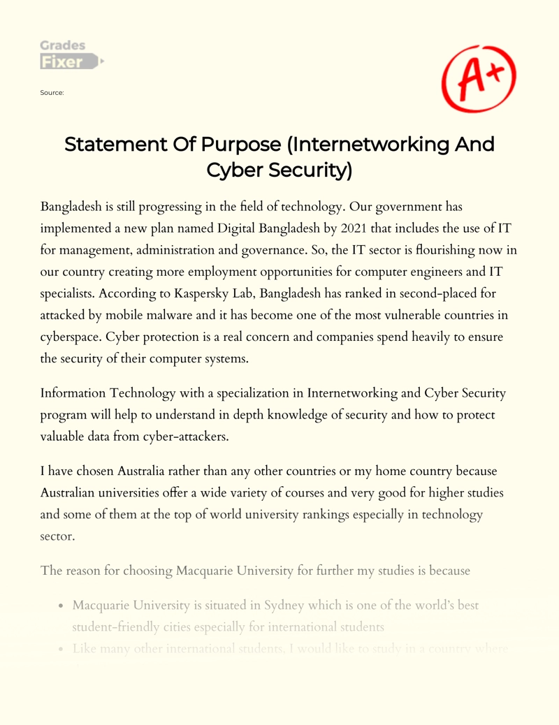 Statement of Purpose (information Technology and Cyber Security) essay