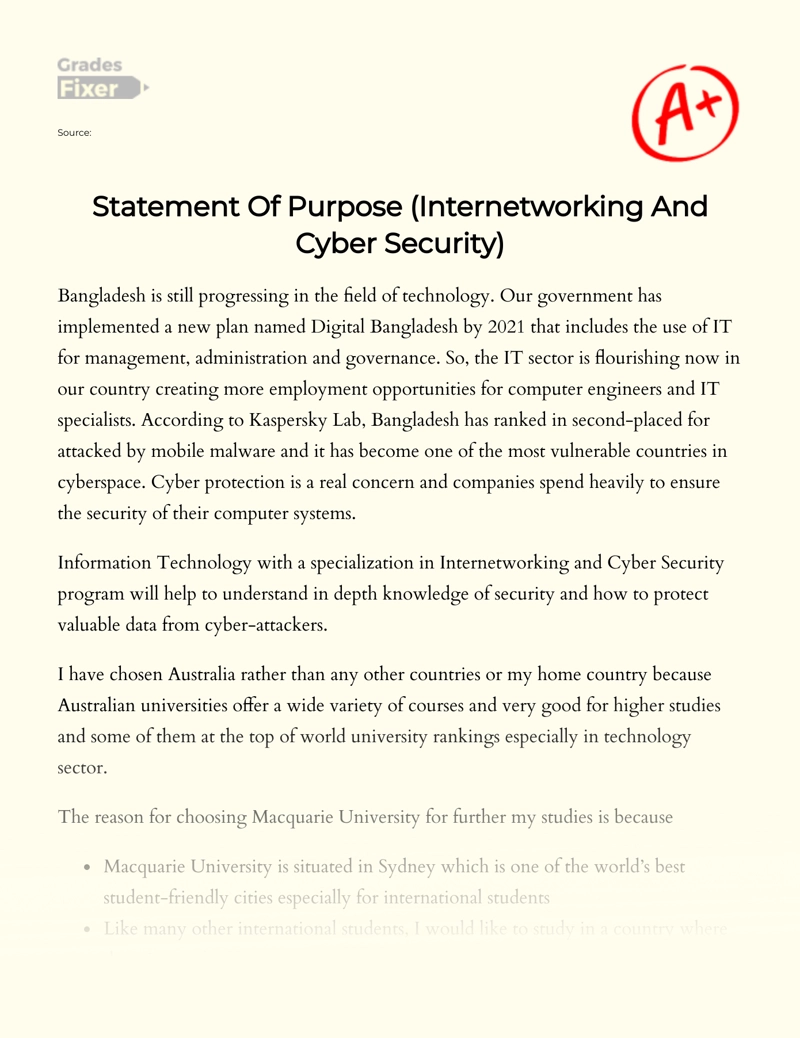 Statement Of Purpose Information Technology And Cyber Security 