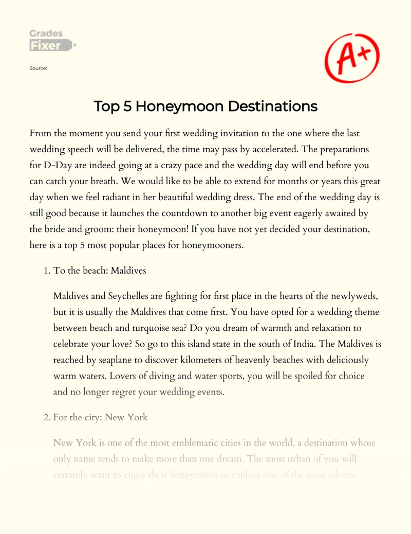 Top 5 Honeymoon Destinations Essay