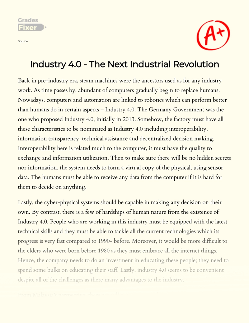 Industry 4.0 - The Next Industrial Revolution essay