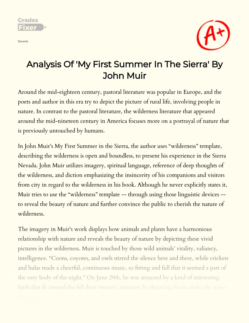 Analysis of 'My First Summer in The Sierra' by John Muir Essay