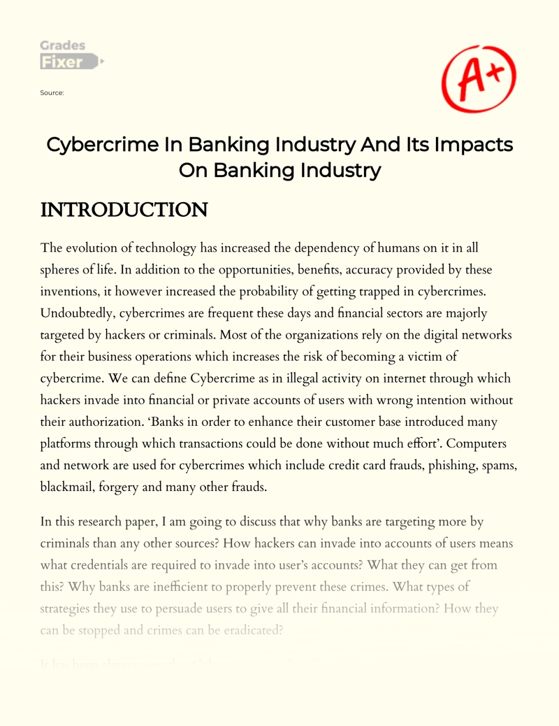 Cybercrime in Banking Industry and Its Impacts on Banking Industry essay
