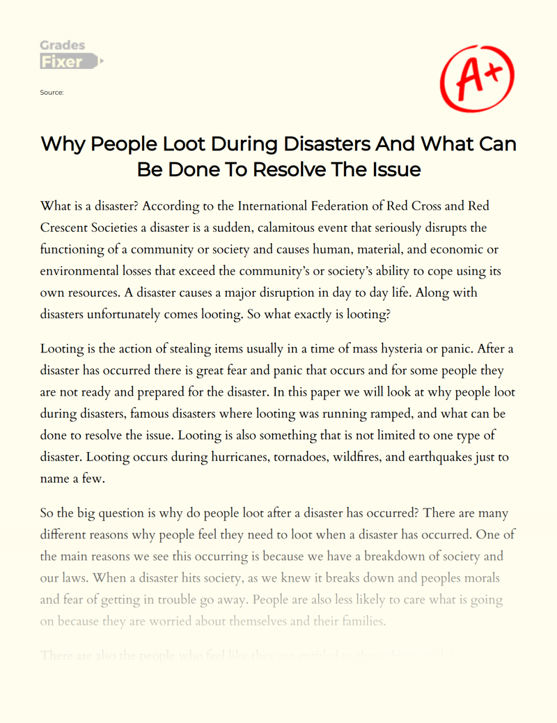 Why People Loot During Disasters and What Can Be Done to Resolve The Issue Essay