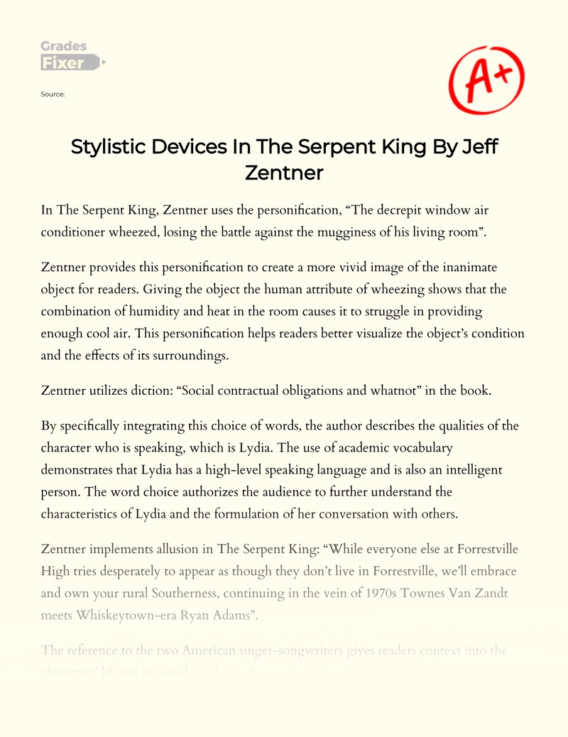 Stylistic Devices in The Serpent King by Jeff Zentner Essay