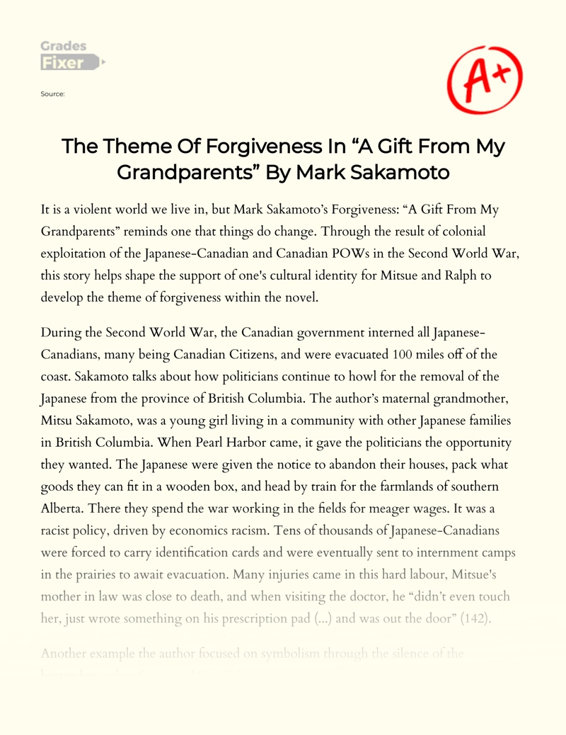 The Theme of Forgiveness in "A Gift from My Grandparents" by Mark Sakamoto Essay
