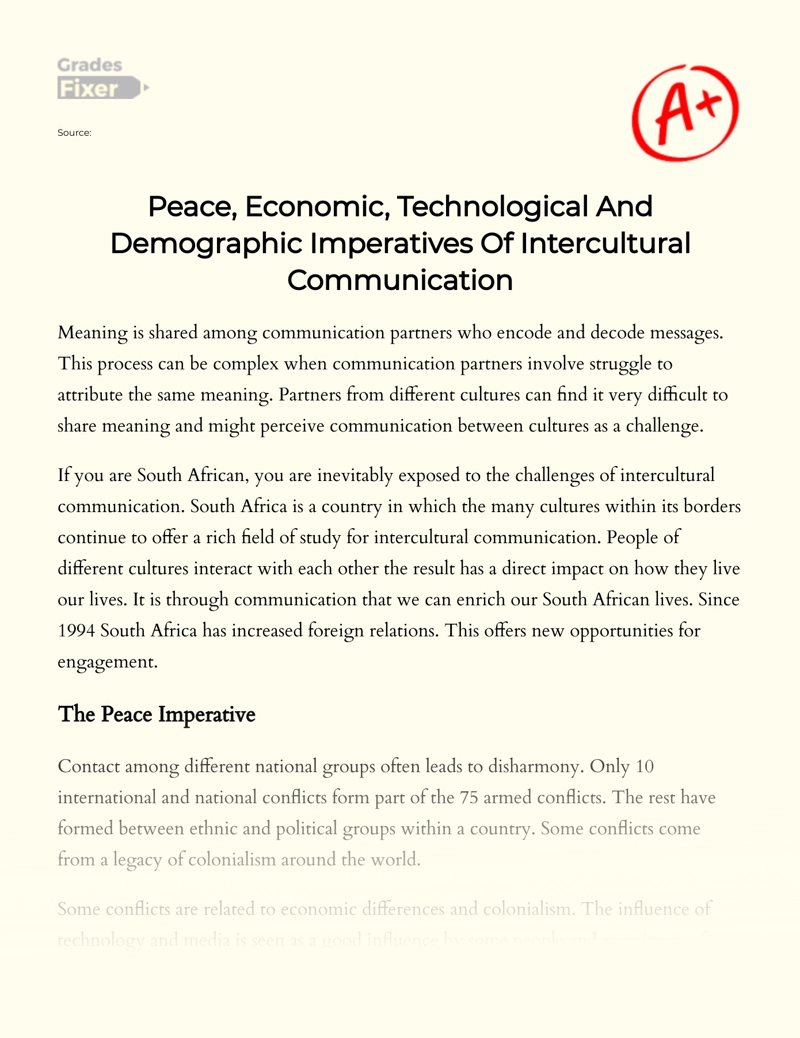 Peace, Economic, Technological and Demographic Imperatives of Intercultural Communication Essay