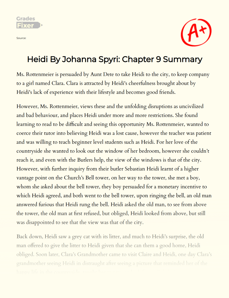Heidi by Johanna Spyri: Chapter 9 Summary Essay